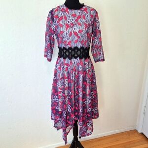 Elegant Floral Lace Midi A Line Dress with Black Accents and Unique Design